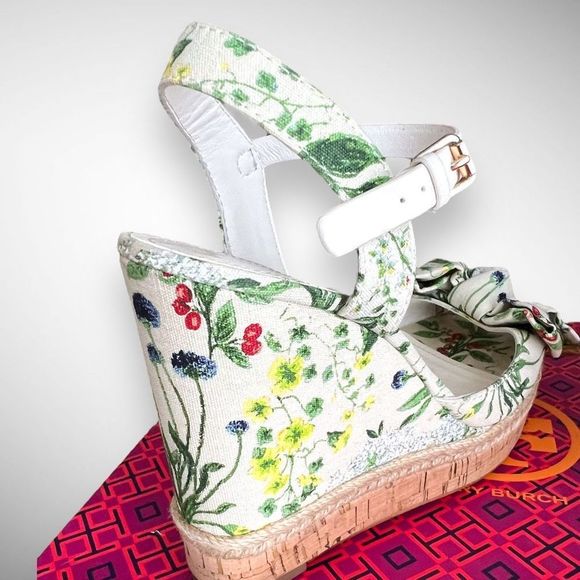Tory Burch Penny 120MM Wedge in Watercolor Botanical Print / New Ivory Sz 7(M) - Picture 6 of 16